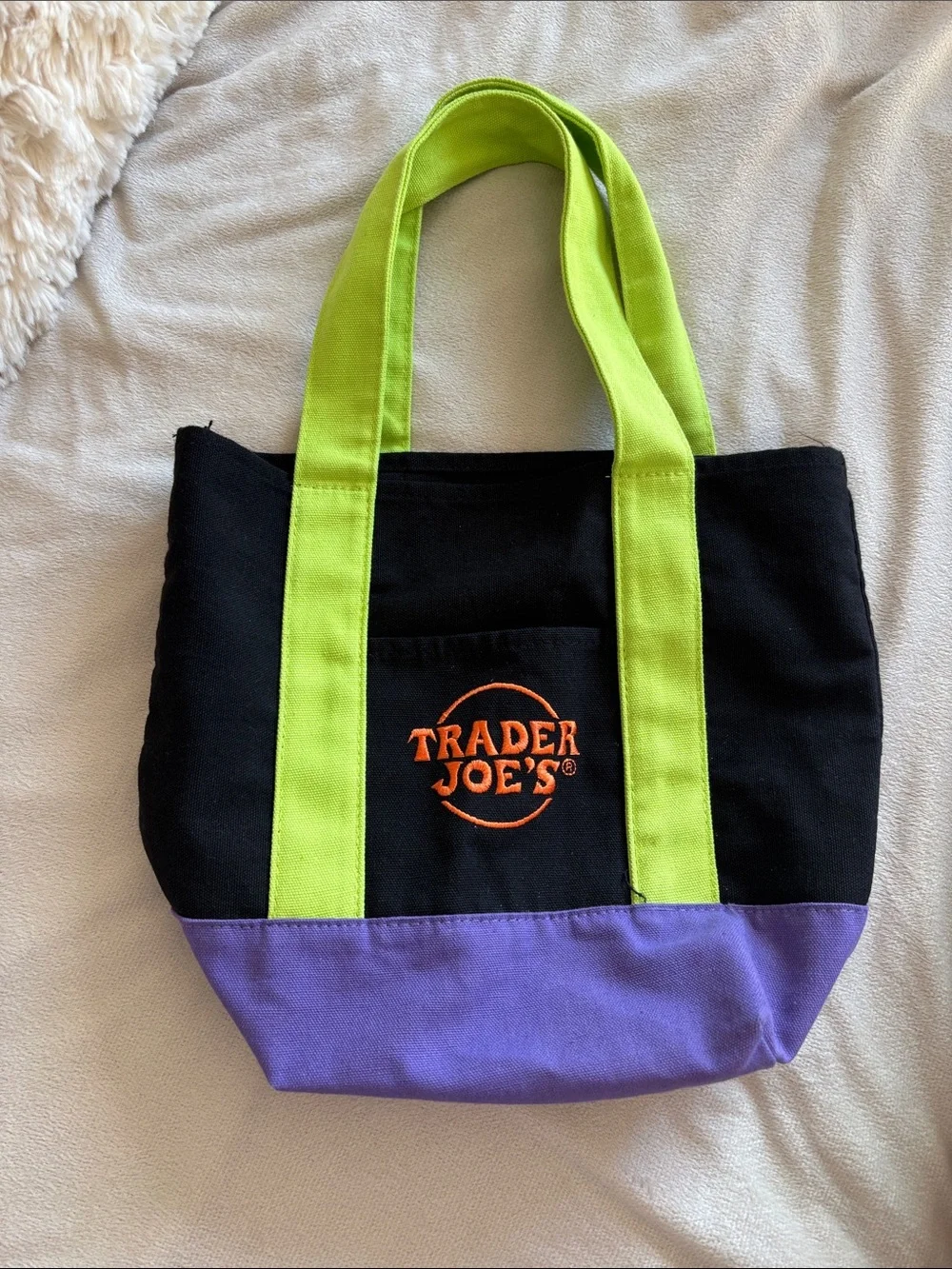 Trader Joe’s Halloween Black Canvas Tote with Lime Green Handles and Purple Base